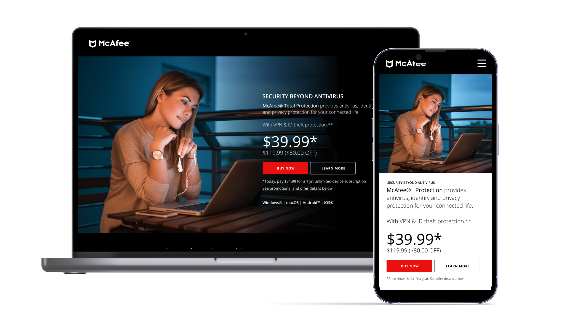 McAfee Product Page displayed on the desktop and mobile