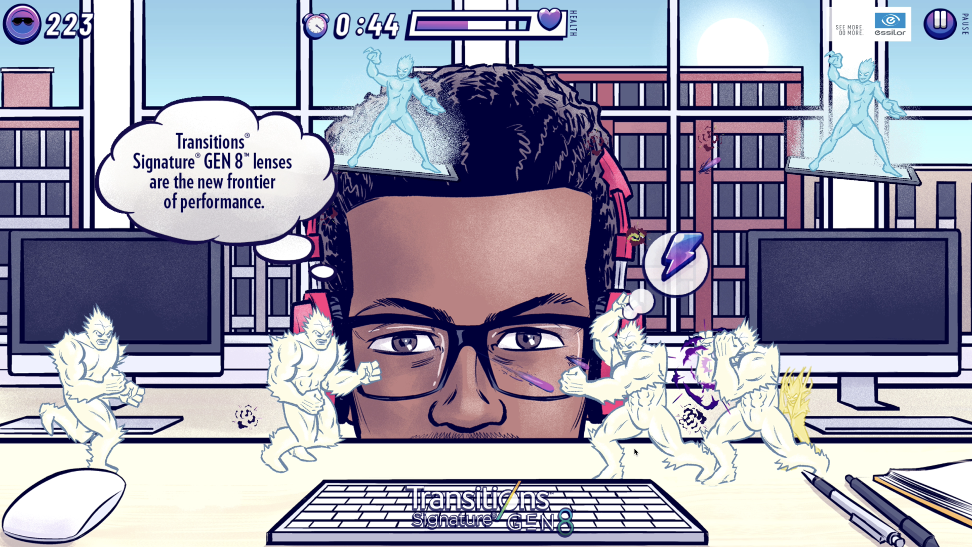 A illustrated man with glasses behind a computer desk