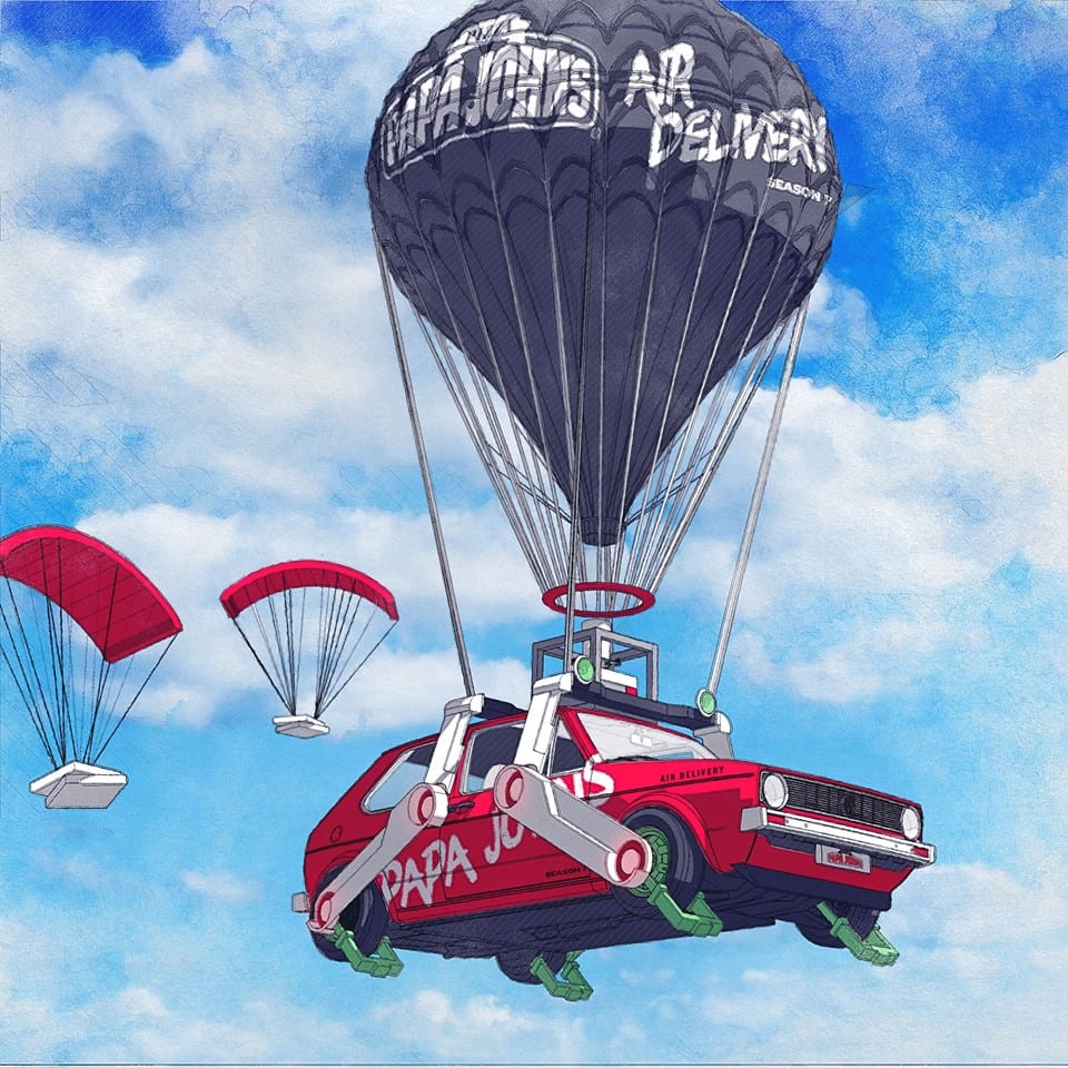 Illustration of a Papa John's delivery car tied to a grey hot air balloon
