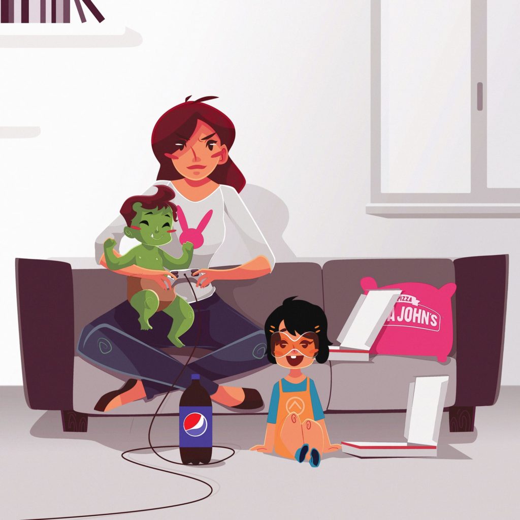 Illustration of a mom gaming on the couch with her children