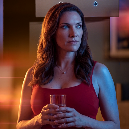 A woman with wavy brown hair wearing a red sleeveless top holds a glass of water, illuminated by warm orange and cool blue lights beside a modern water dispenser.