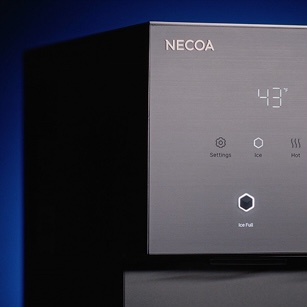 A close-up of the sleek, dark grey control panel of a NECOA water dispenser featuring a digital display of 43°F and touch-sensitive icons for Settings, Ice, Hot, and an illuminated Ice Full indicator.