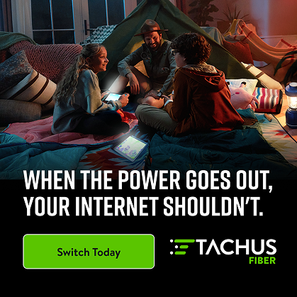 A family in a makeshift tent in their living room, illuminated by tablets, with the text "WHEN THE POWER GOES OUT, YOUR INTERNET SHOULDN'T."