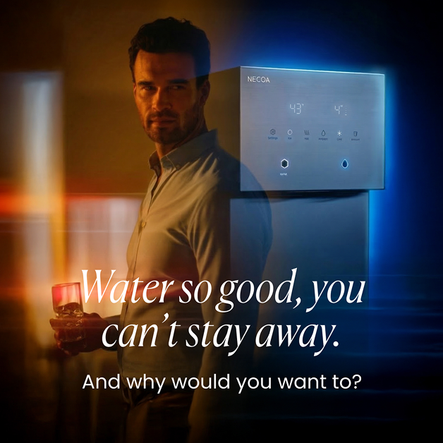 An advertisement for the NECOA water dispenser, featuring a man holding a glass of water next to a modern, wall-mounted digital dispenser. The ad is styled with contrasting warm amber and cool blue lighting, with overlay text reading, 'Water so good, you can't stay away. And why would you want to?'