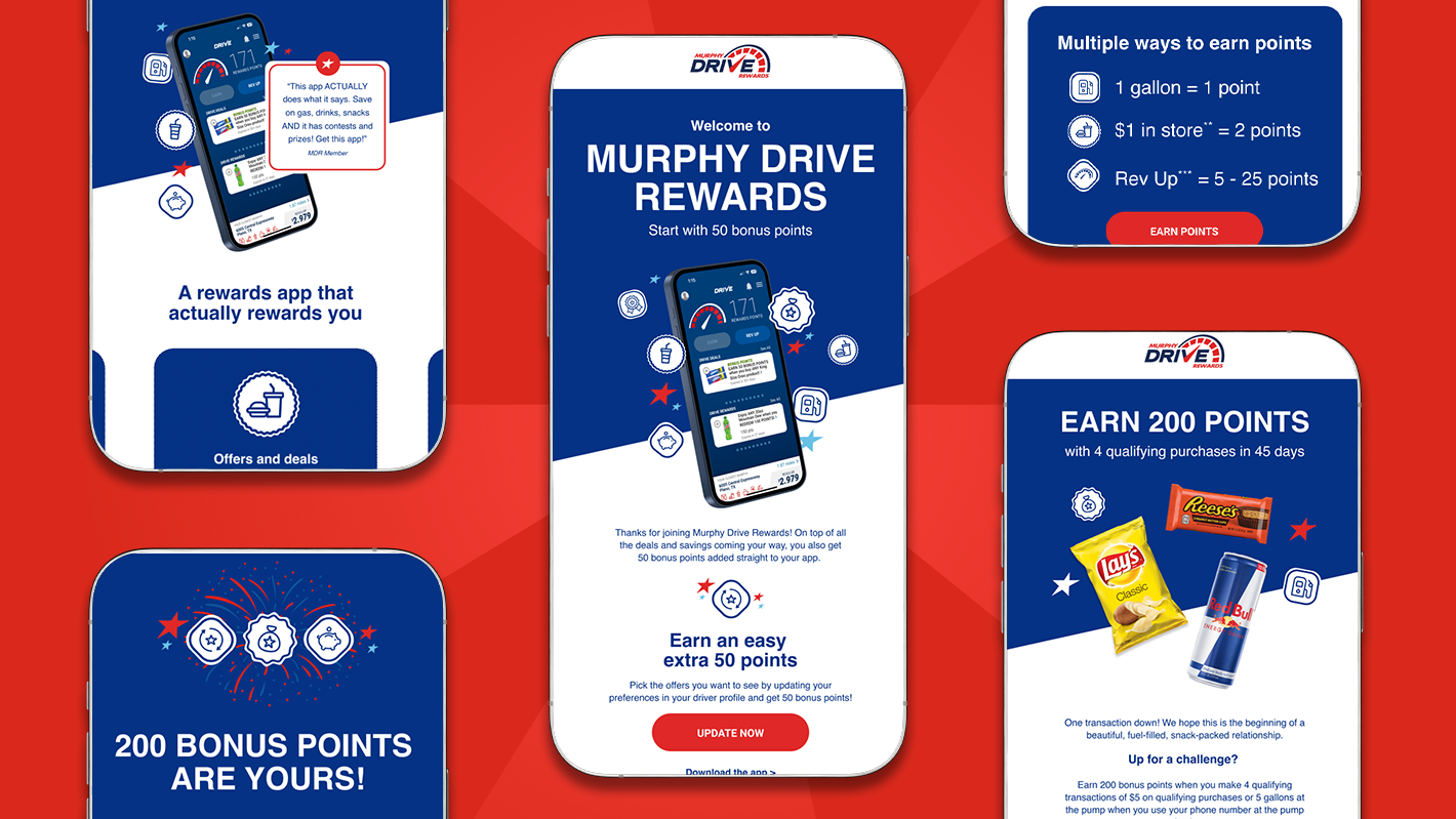 A collection of five mobile app screens on a vibrant red background introducing the Murphy Drive Rewards program. The screens outline key features including a 50-point signup bonus, instructions on earning points (such as 1 point per gallon of gas and 2 points per dollar spent in-store), details on achieving 200 bonus points with qualifying purchases, and testimonials highlighting user satisfaction with the app's rewards and ease of use.