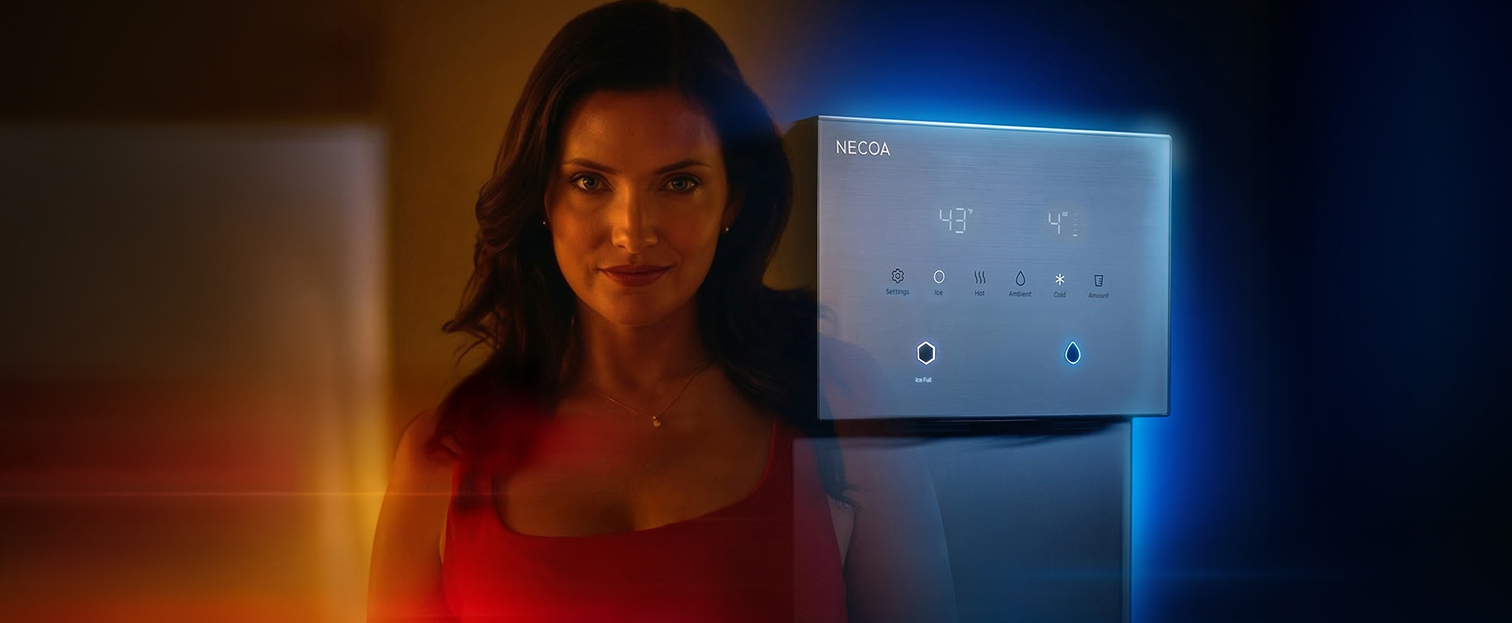 A side-by-side promotional shot showing a woman on the left lit in warm amber light, and a sleek modern NECOA smart water dispenser on the right lit in cool blue neon light.