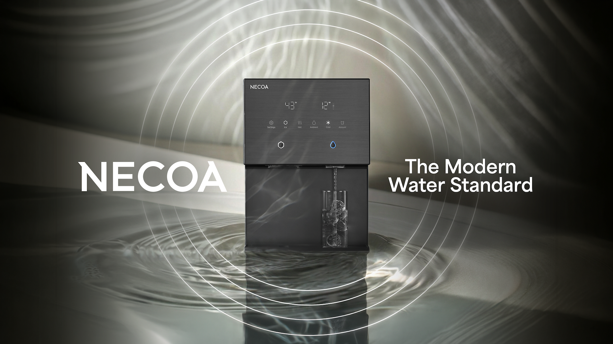 A sleek, black NECOA water dispenser filling a glass of iced water. It is centered inside glowing concentric circular ripple lines overlaying a dark reflective surface. The text 'NECOA' is on the left, and 'The Modern Water Standard' is on the right.