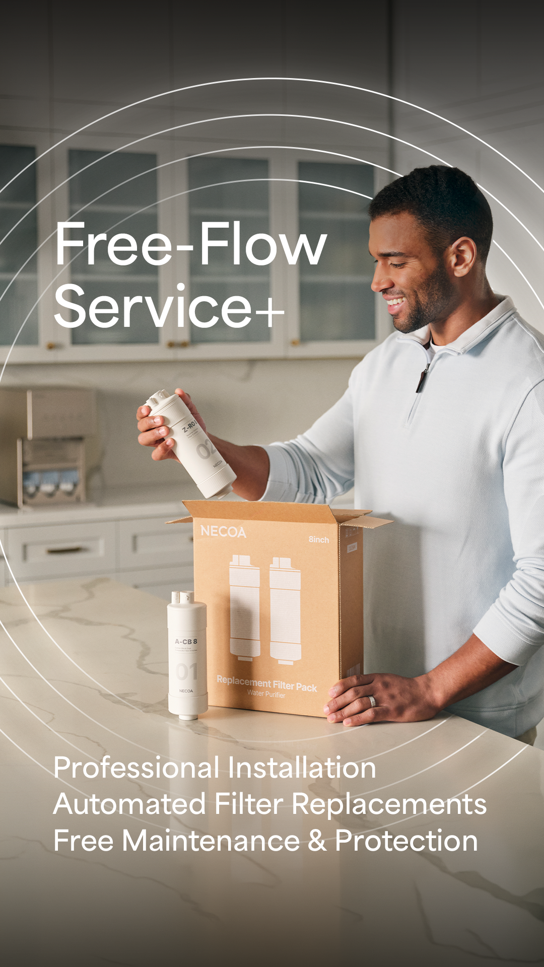 A smiling man in a light blue sweater holds up a water filter cartridge next to an open box containing two more cartridges, with text overlaying the image promoting "Free-Flow Service+" and "Professional Installation, Automated Filter Replacements, Free Maintenance & Protection.