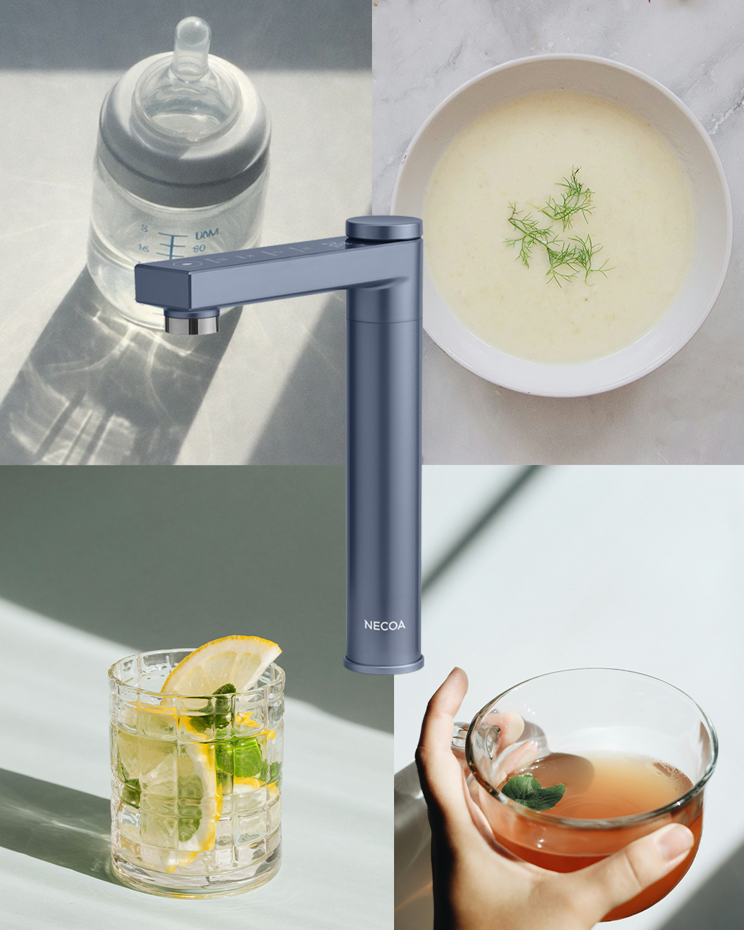 A collage of four images: a baby bottle with water, a modern blue faucet, a bowl of creamy soup with dill, and a glass of lemonade with mint and lemon slices.
