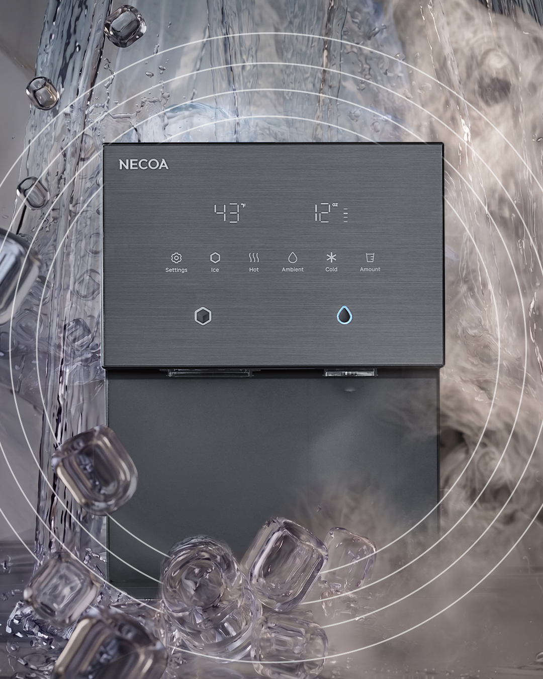 A dark gray water dispenser with a digital display showing '43°F' and '12 oz', and icons for settings, ice, hot, ambient, cold, and amount. Ice cubes and water splashes surround the dispenser.