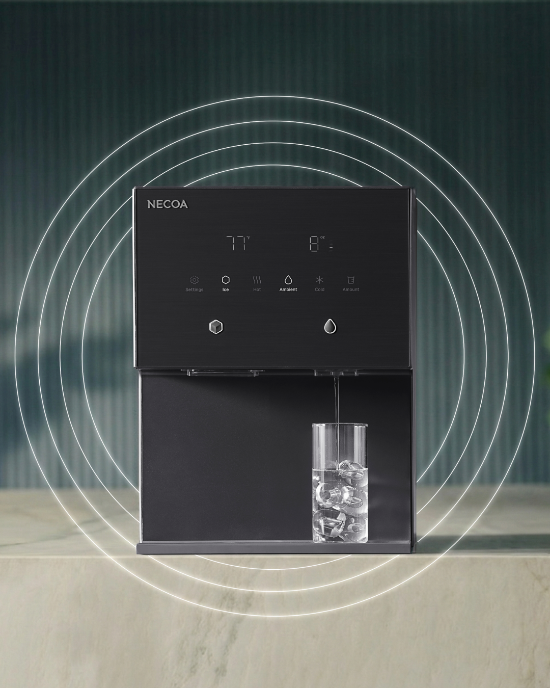 A sleek black NECOA water dispenser is shown in operation, with cold water being poured into a glass filled with ice. The digital display shows '77' and '8', with icons for settings, ice, hot, ambient, cold, and amount. White concentric circles emanate from the dispenser.