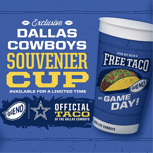 A promotional advertisement for Taco Bueno's exclusive Dallas Cowboys Souvenir Cup, featuring a blue cup graphic offering a 'Free Taco on Game Day!' and text announcing Taco Bueno as the official taco of the Dallas Cowboys.