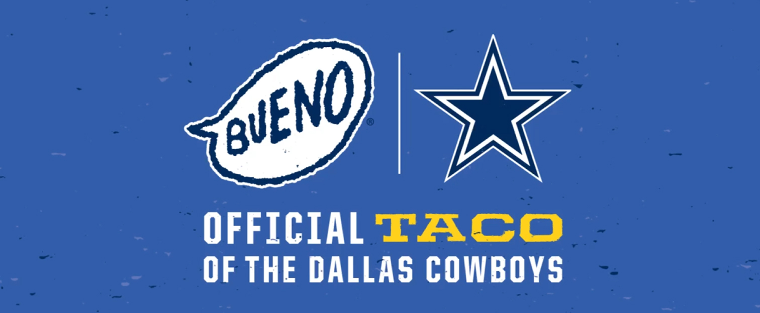 A promotional graphic on a textured blue background featuring the Taco Bueno logo and the Dallas Cowboys star logo side-by-side. Below the logos, text reads 'OFFICIAL TACO OF THE DALLAS COWBOYS' with the word 'TACO' highlighted in yellow.
