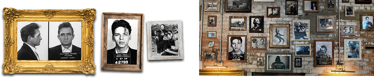 A side-by-side comparison featuring three individually framed historical mugshots of Johnny Cash, Frank Sinatra, and Bonnie Parker on the left, next to a larger brick wall filled with numerous framed black-and-white celebrity mugshots on the right.